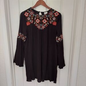 Blue Rain Womens Black Floral Embroidered Gauze Tunic Bell Sleeves Large